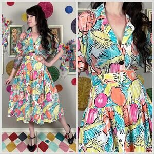Vintage 1970s Novelty Fruit Print Short Sleeve Cotton Belted Dress
